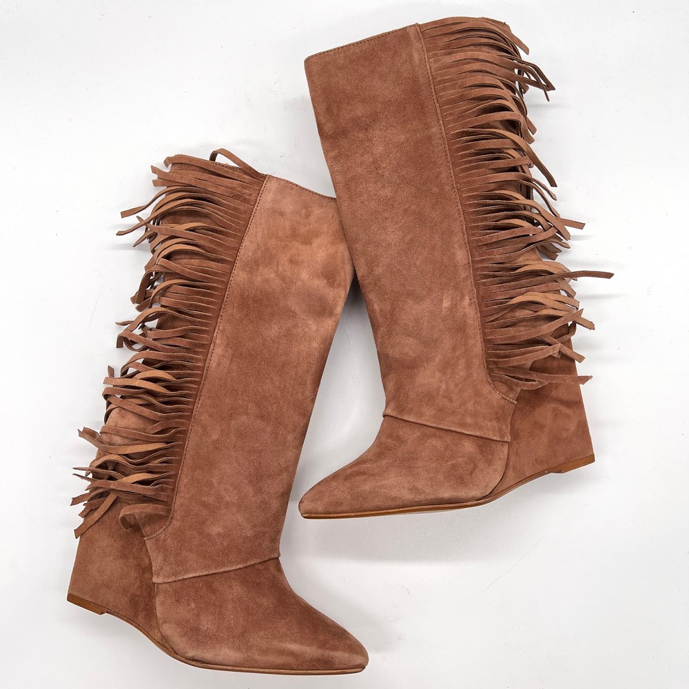 MARABELLE Suede Fringe Wedge Boot Womens 38 Brown Knee High Pointy Toe Pull On - Picture 5 of 16